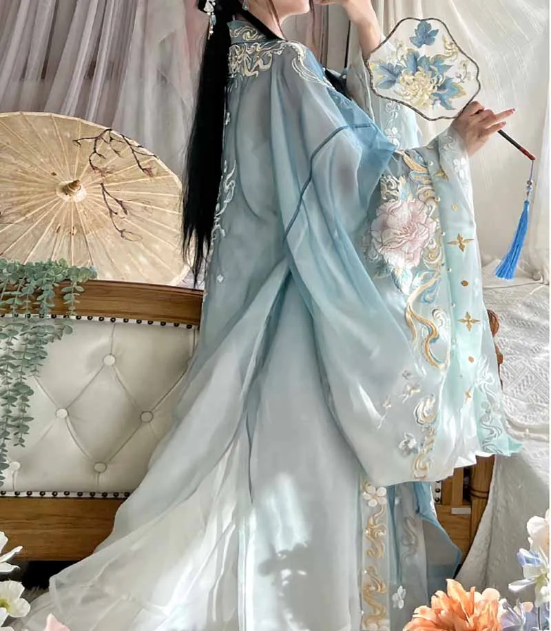 Robe Hanfu bleue dégradée pour femme, broderie traditionnelle chinoise, ensembles Hanfu vintage, costume féminin de cosplay de carnaval, haute qualité