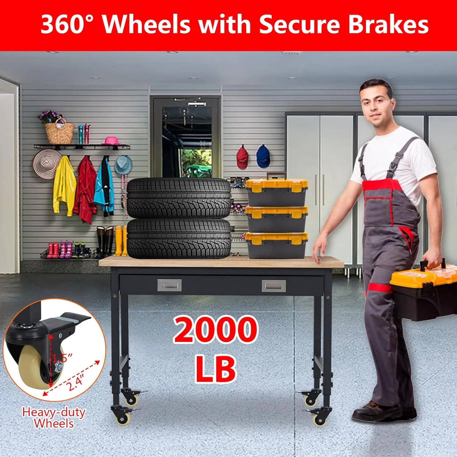 48" Adjustable Workbench for Garage Heavy Duty Worktable with Drawer 2000 LBs Load Capacity Rubber Wood Workshop Bench