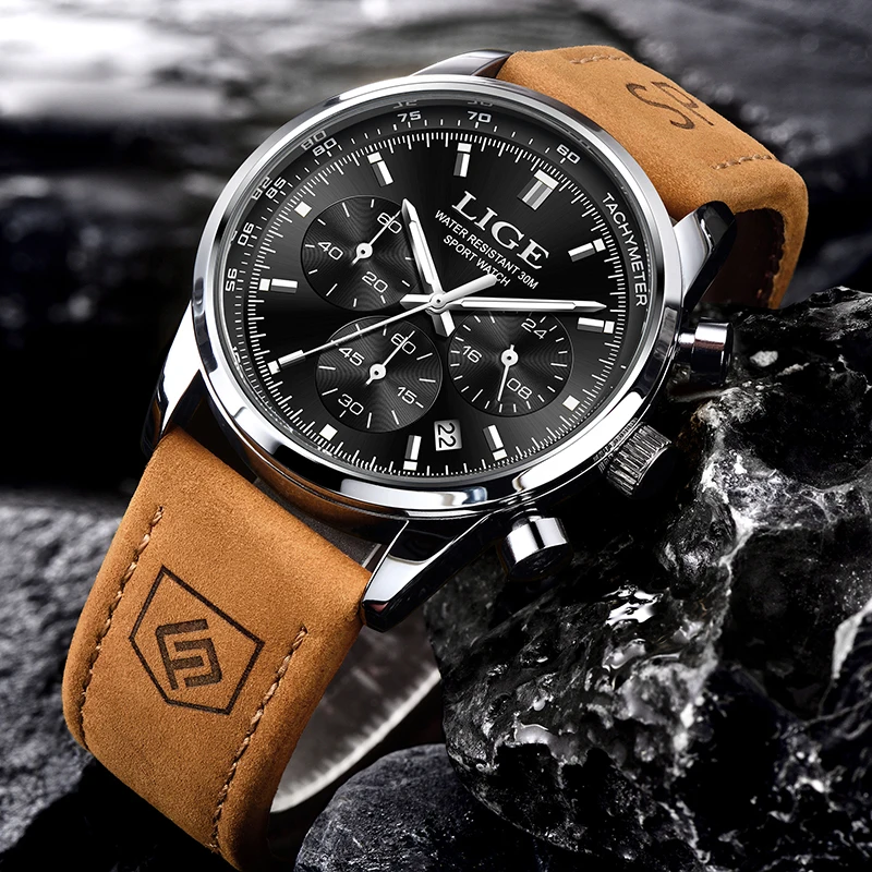 Men's Luxury Quartz Chronograph Leather Watch - Elegant & Waterproof Sport Design by LIGE