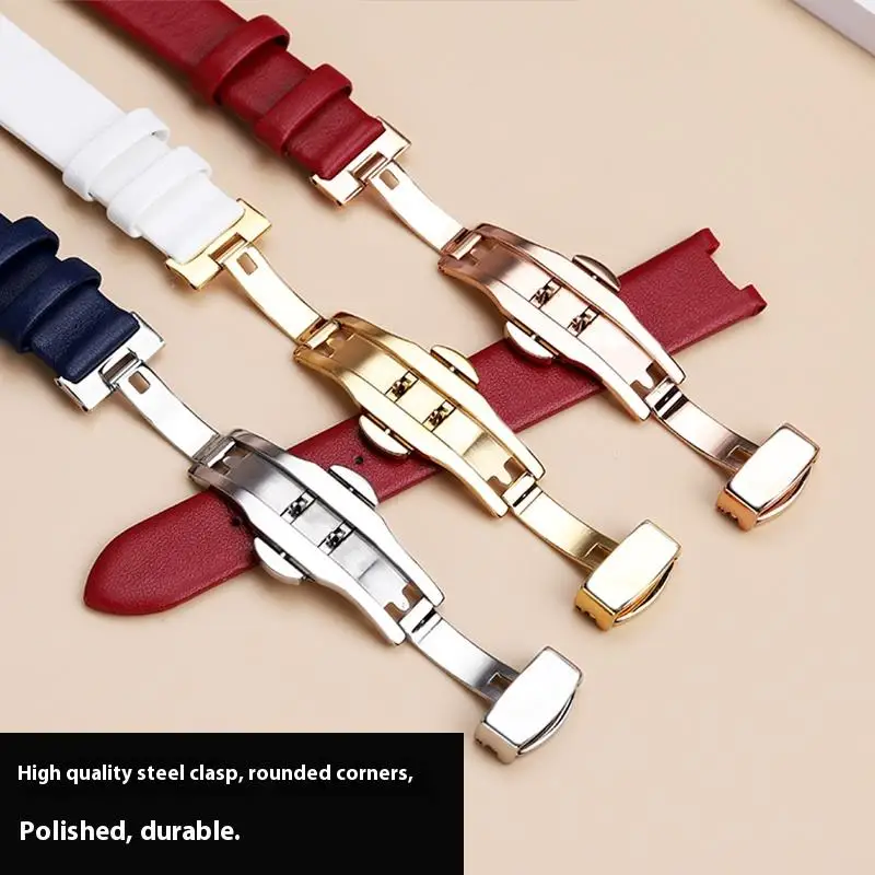 Women's Genuine Leather Cowhide Watchband with Notched 16mm Butterfly Buckle