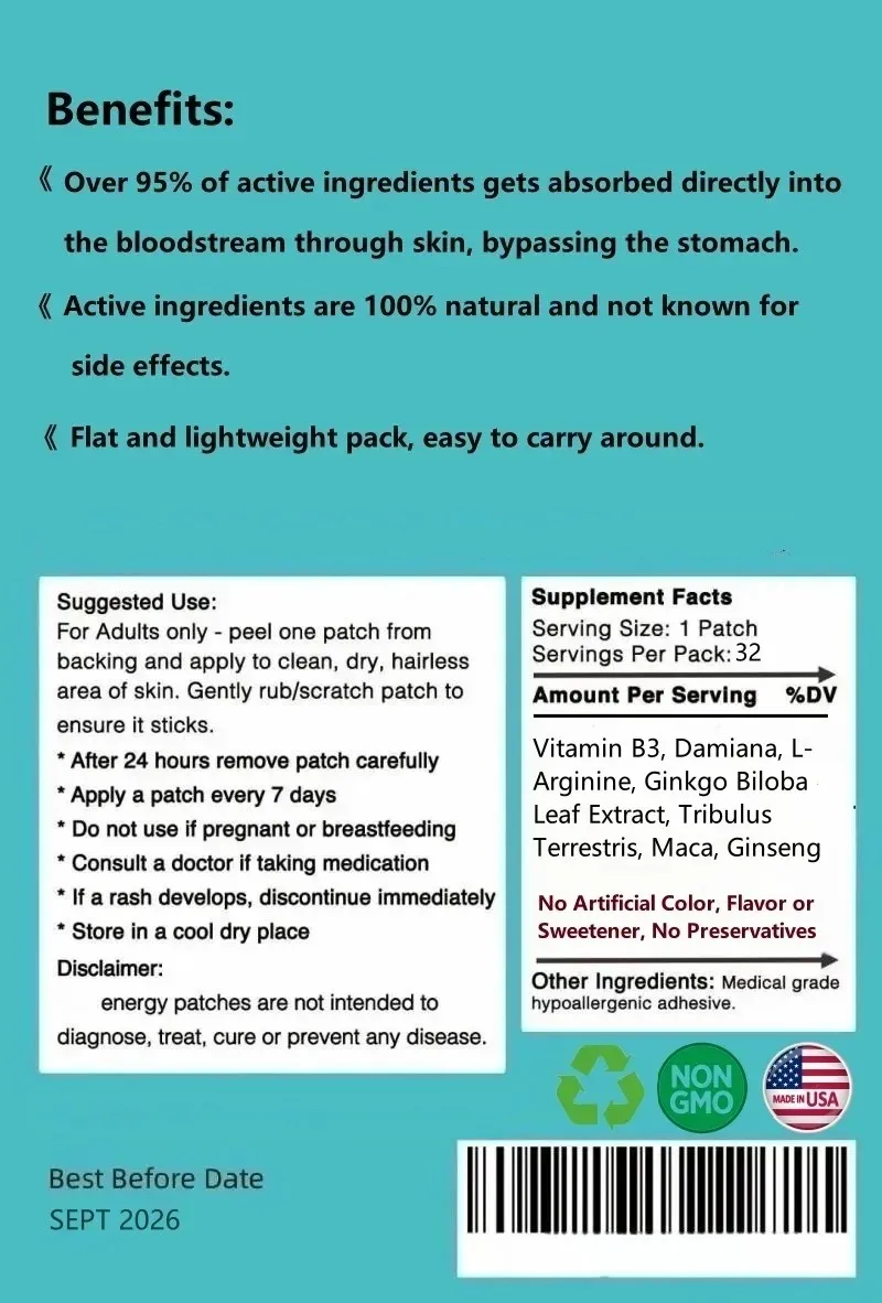 Male Patches, enlarger, Bigger, longer, growth, thicker,32 Patches Two months Supply