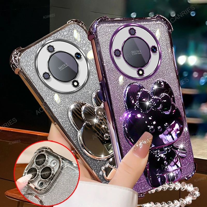 Plating Anti-Fall Silicone Case with Mirror Rabbit Stand and Clear Bead Chain