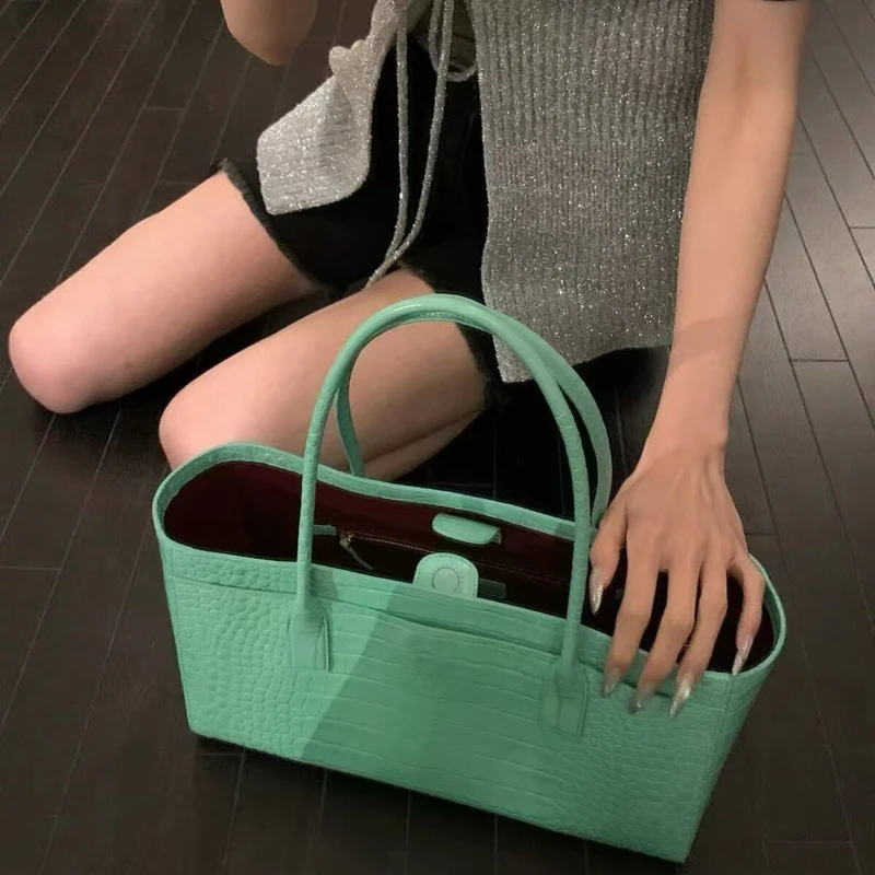 Luxury Crocodile Print Leather Bag, Vintage Green Large Capacity Handbag, Magnetic Buckle Clutch Casual Elegant Commuter Purse 6