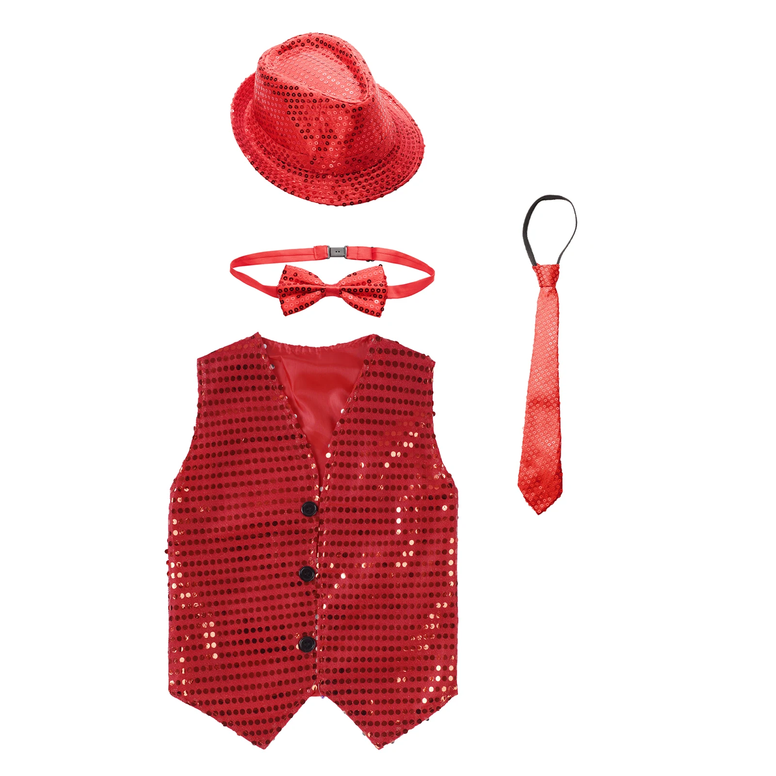 Children Boys Jazz Tap Dance Vest Shiny Sequin Waistcoat with Hat Bowtie Necktie Party Prom Stage Performance Cosplay Costume