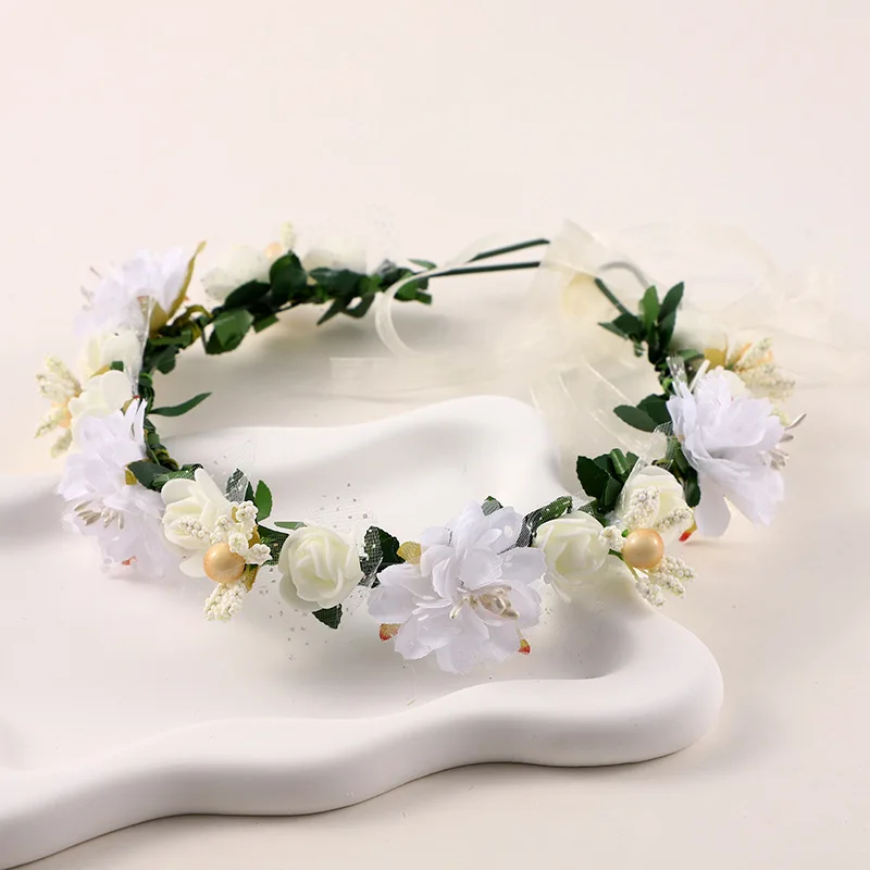 Corona Di Fiori Con Perle Per Ragazze E Donne - Fascia Da Sposa Boho, Accessorio Per Capelli Matrimonio E Comunione, Bianco