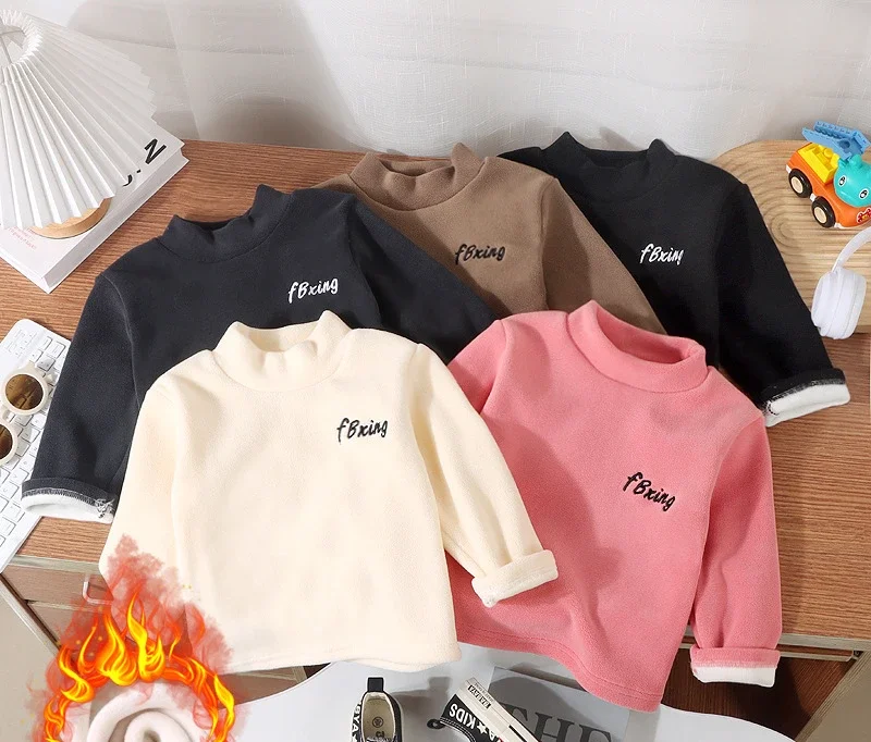 

2023 Winter Girls Boys Casual Soft Warm Fleece Long Sleeve T-shirts Baby Kids Children Tee