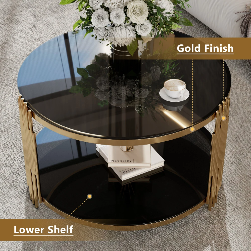 Modern Glass Coffee Table in 31.5", Asymmetrical Metal, Circular Metal Drum Base, Gold Finish & Lower Shelf 5