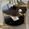 Modern Glass Coffee Table in 31.5", Asymmetrical Metal, Circular Metal Drum Base, Gold Finish & Lower Shelf 5
