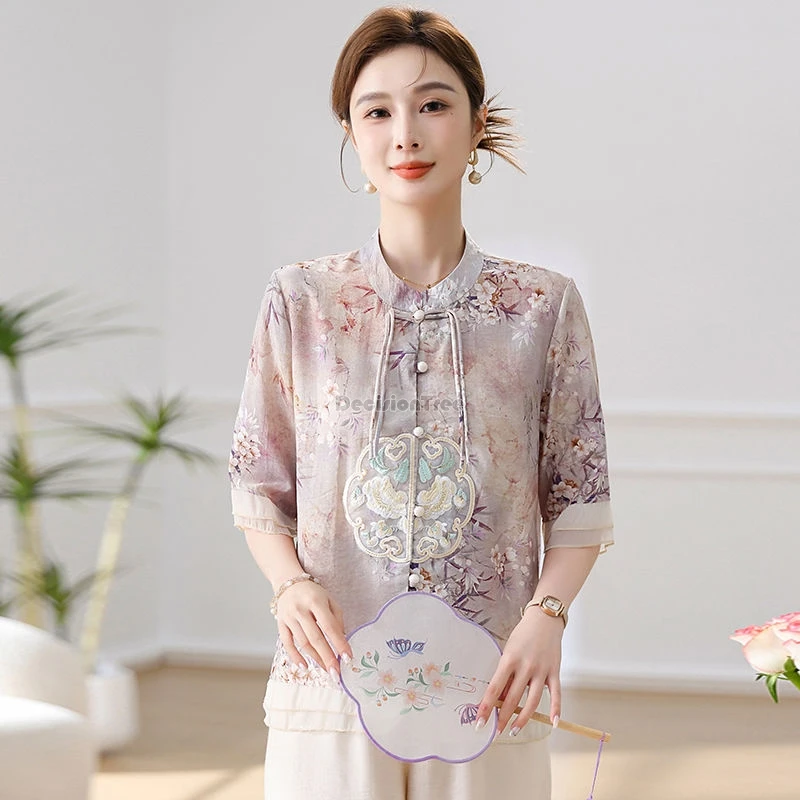 summer chinese chiffon tang suit set flower printed half sleeve elegant blouse loose long pants chinese set w818