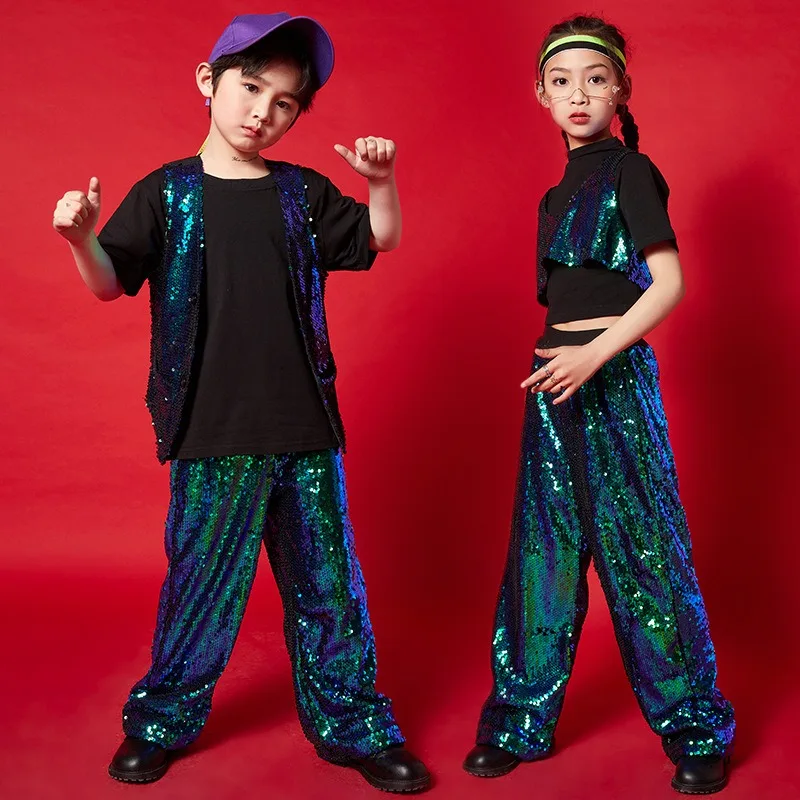 Girl Sequin Crop Tank Top Hip Hop Boys Green Vest Jacket Kids Jazz Shiny Pants Clothes Set Child Street Dance Stage Costume