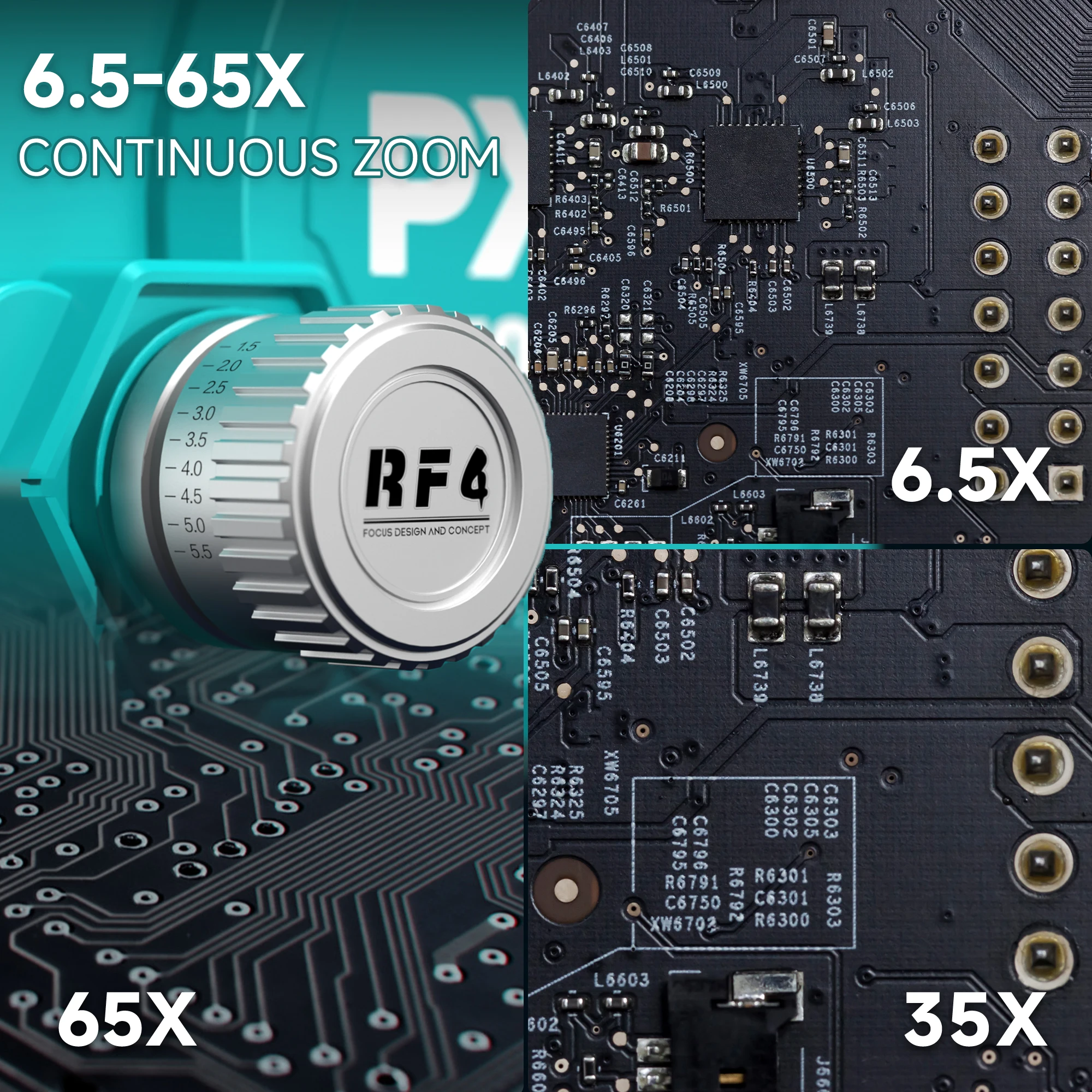RF4 PX6 6.5-65X 삼안 실체 현미경 HD 4K 카메라 전자 수리용 마더보드 PCB 용접 결함 감지 도구