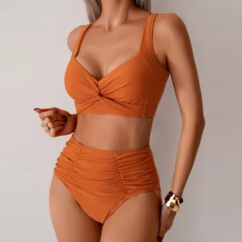 Y2K Vintage Deep V Two-Piece Bikini – Solid Color Swimwear