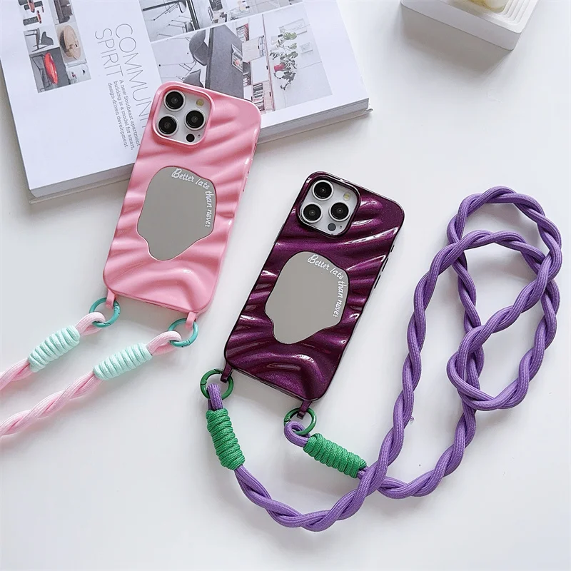 Mirror 3D Wave Crossbody Lanyard Strap Case For iphone 16 15 14 11 12 13 Pro Max X XR SE 2 3 8 7 6S 6 Plus Silicone Soft TPU Cover_voghion.com