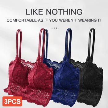 3PCS Women Lace Bras Top Comfortable Bralette Solid Color Sexy Underwear Vest Female Hollow Out Wireless Lingerie Seamless Bra 1