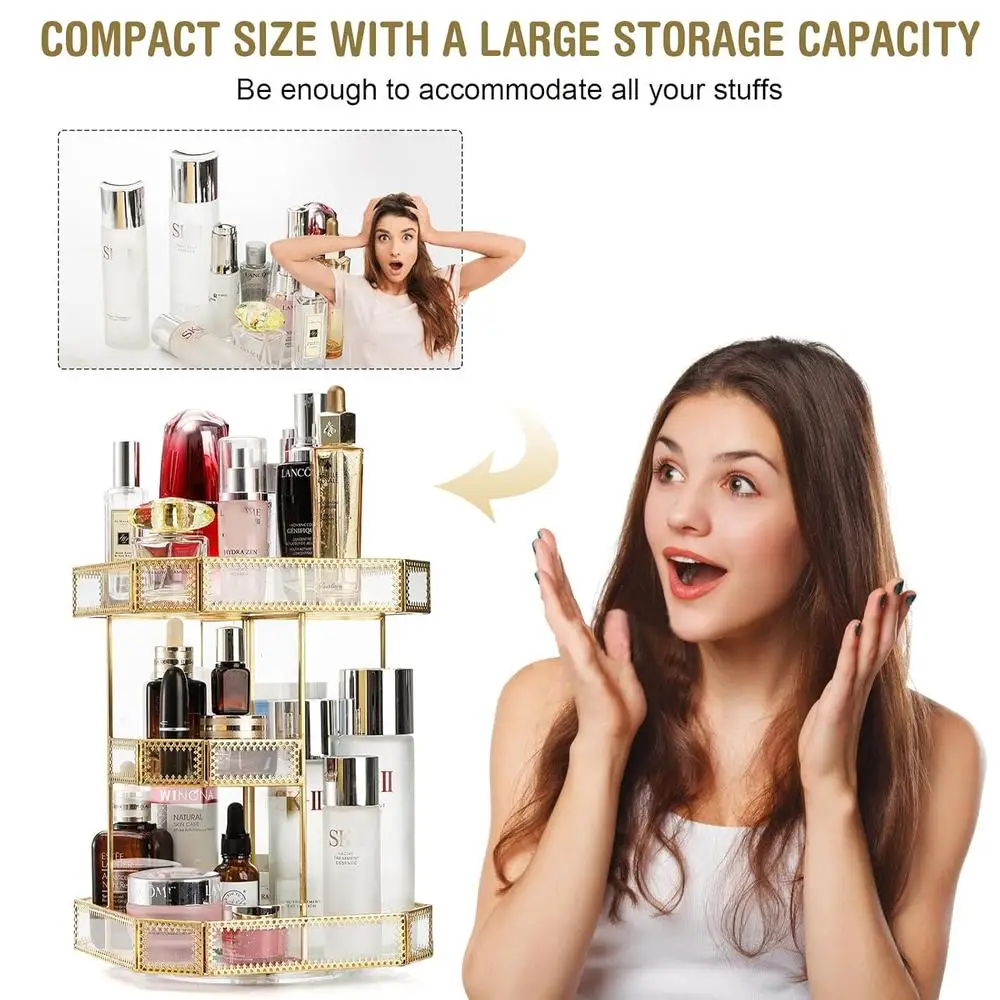 360 Degree Rotating Glass Makeup Organizer Large Cosmetic Storage Display Holder with Adjustable Compartments and Elegant Gold 4