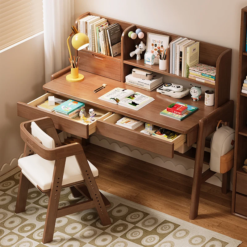 Simple Solid Wood Student Desk Bookshelf for Children Metal Home Bedroom Desk Chair for Study Writing Living Room School