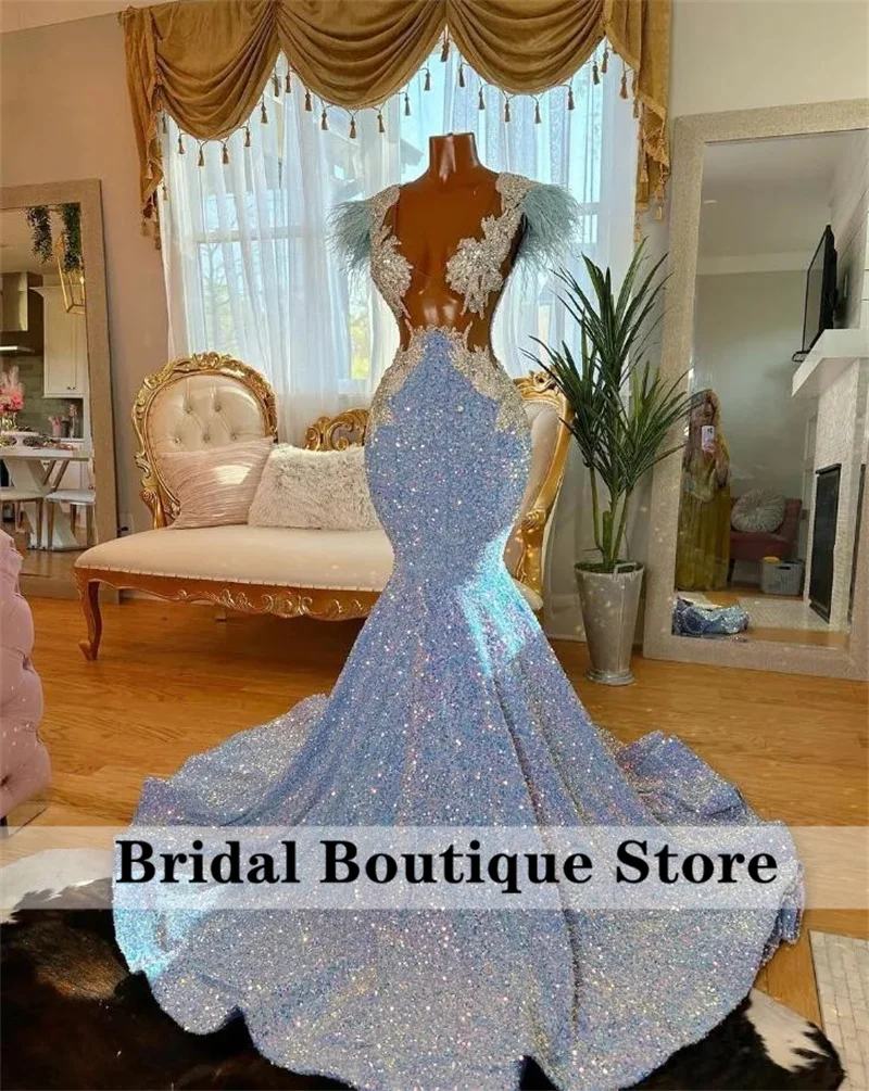 

Long Dimonds Sky Blue Prom Dresses Mermaid Sparkly Rhinestones Crystals Feathers Sequins Gown For Black Girls Birthday Party