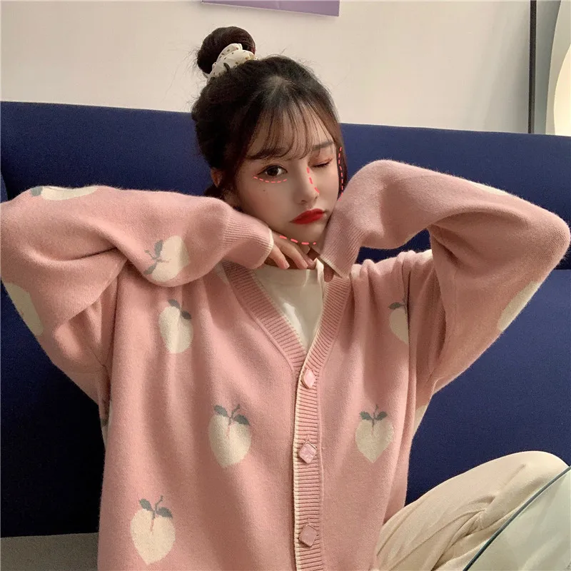 

2021 Women Korean Fall Sweet Long Sleeve Sweater Cardigan Cute Pink Coat New Cardigans Indie Strawberry Knitted Oversized Jacket