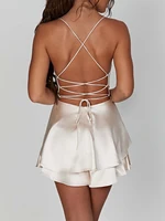 Satin Silk Women Sexy Cami Playsuits Dress Solid Cowl Neck Sleeveless Short Jumpsuits Summer Cross Tie-Up Backless Romper - Image 2