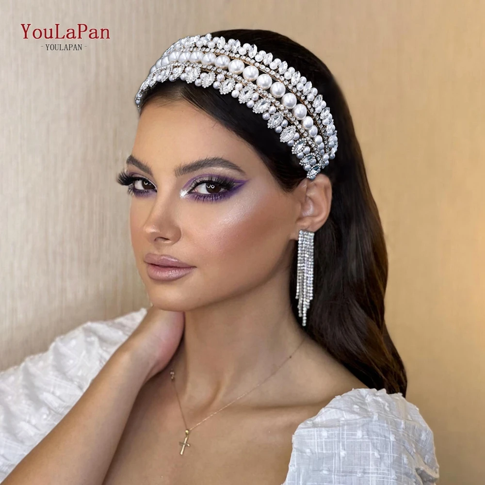 YouLaPan Bridal Headband with Pearls Rhinestone Woman Wedding Beaded Hair Accessories Luxury Gemstone Bridesmaid Headwear HP631