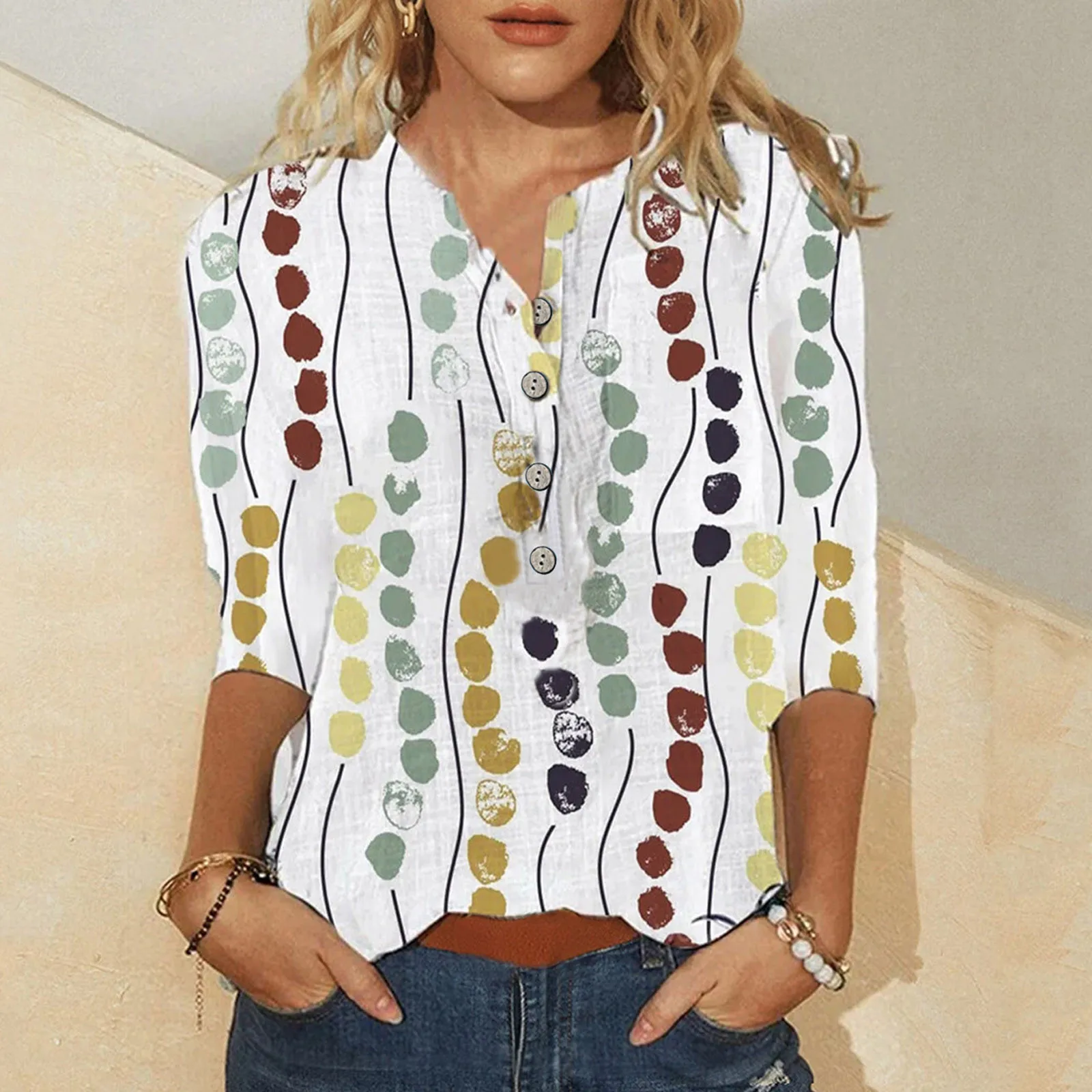 Women Boho Printing Shirt O Neck Buttons Blouse Vintage Tops Female 2023 Slim Spring Autumn Long-Sleeved Fit Blusas Mujer