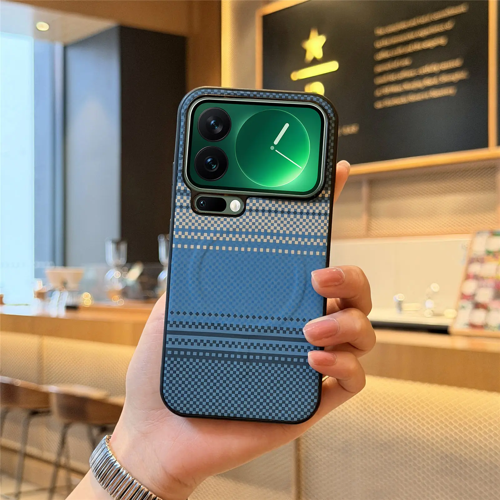 Carbon Fiber Magnetic Phone Case with Shockproof Strap, Stand, and Slim Wireless Charging Compatibility