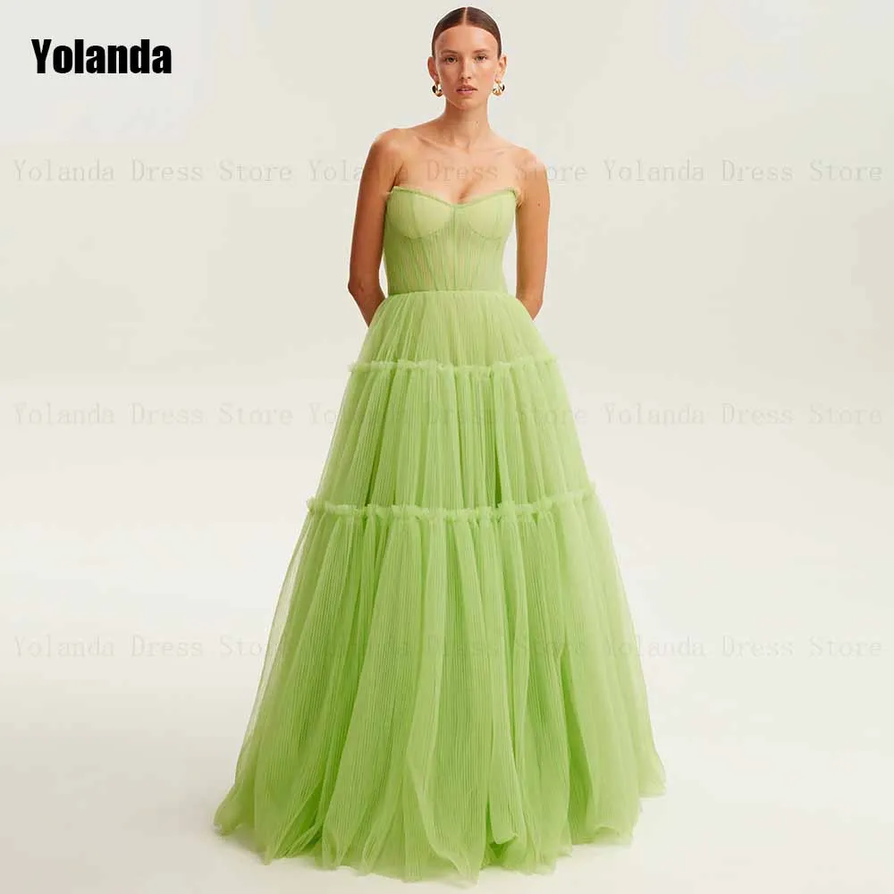 

Simple A-line Evening Dresses Strapless Sleeveless Layered Draped Pleat Tulle Open Back Party Dress Floor Length Robe de soirée