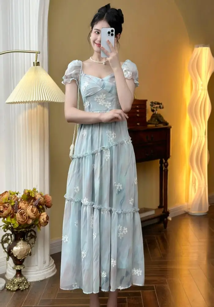 French Vintage Floral Ruffles Midi Dresses for Women Lace Square Collar Puff Sleeve Elegant Princess Birthday Party Dress New