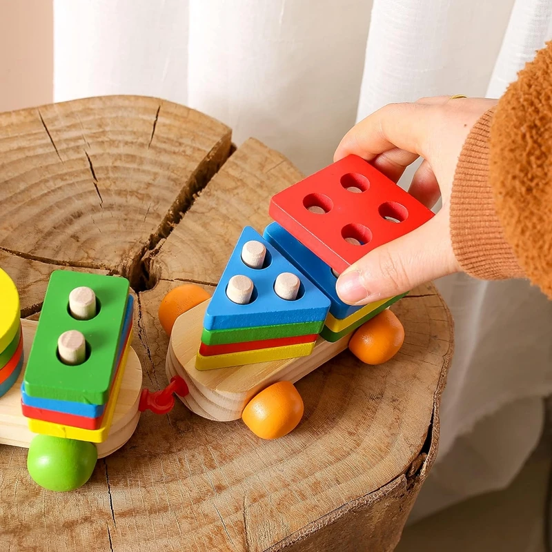 Children's Wooden Building Block Train Toy Shape sorter and Stacking Game for Toddlers Matching Puzzle