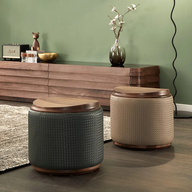 

Furniture Leather Solid Wood Woven Stool Round Coffee Table Stools Creative Saddle Chair Luxury Seat Home Decoration Accessories