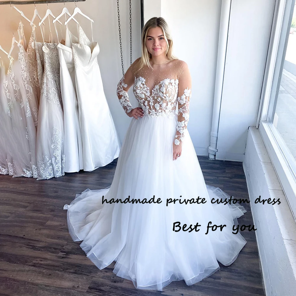 Tulle Bianco A Line Abiti Da Sposa Manica Lunga O Collo Abito Da Sposa Boho Con Strascico Abiti Da Sposa Senza Schienale