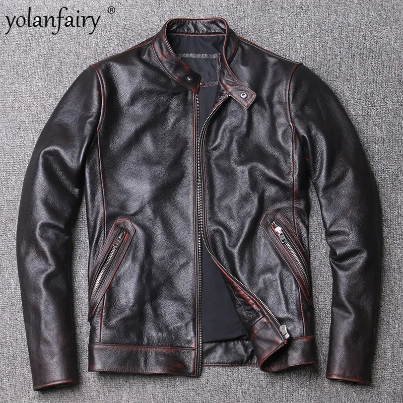 

100% Pure Cow Leather Clothes for Men Stand Collar Slim Short Hand Painted Worn-out Leather Jacket Men Coats Chaquetas FCY4572