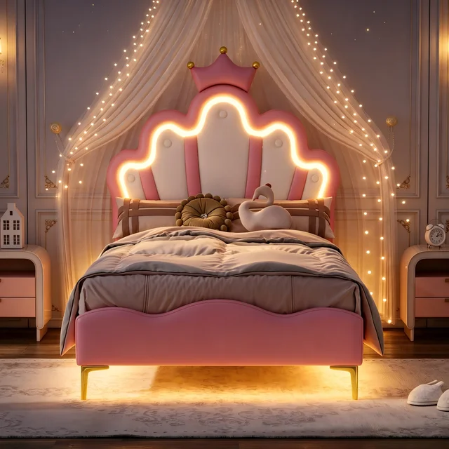Rosahqnda Lit enfant pour filles 90x200cm, lit simple 140x200cm, lit double, lit enfant en forme de couronne de princesse, tête de lit réglable 1
