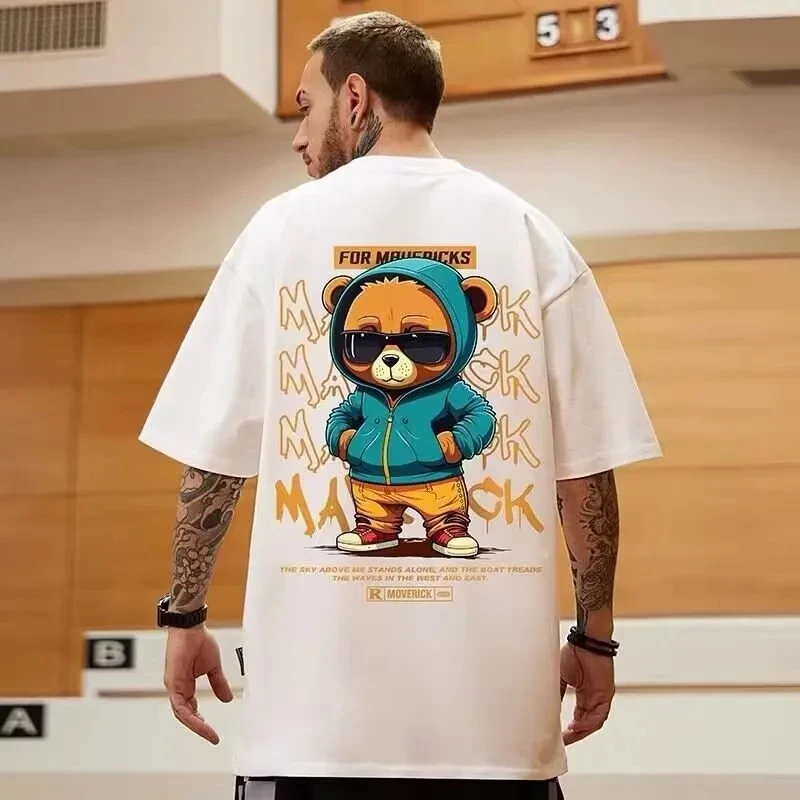 thumbnail image 1 of Camiseta de algodón con estampado de oso para hombre, Tops holgados con cuello redondo, ropa informal cómoda y transpirable de gran tamaño para mujer, 1 of 4
