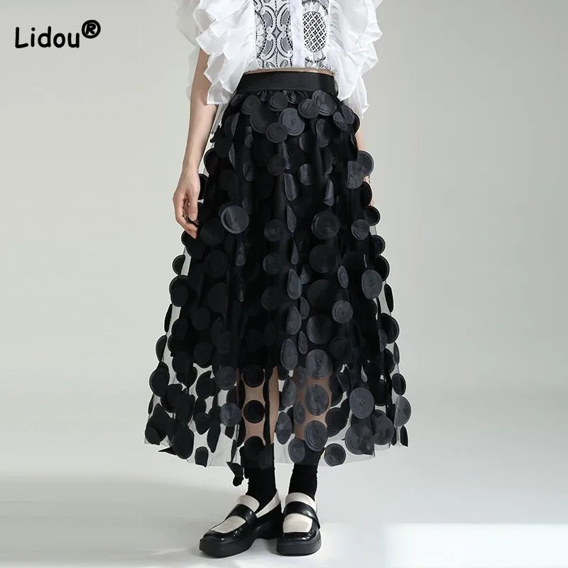 

Korean All-match Solid Three-dimensional Decoration Skirts Vintage Fashion High Waist Elegant Gauze Skirts Women's Clothing