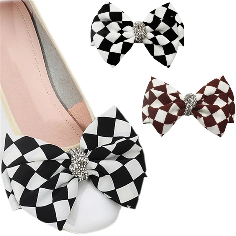 

2 Pcs Fashion Shoe Clips Plaid Bow Rhinestone Shoe Decoration Decorative Shoe Flowers for Wedding Party High Heels Accessories