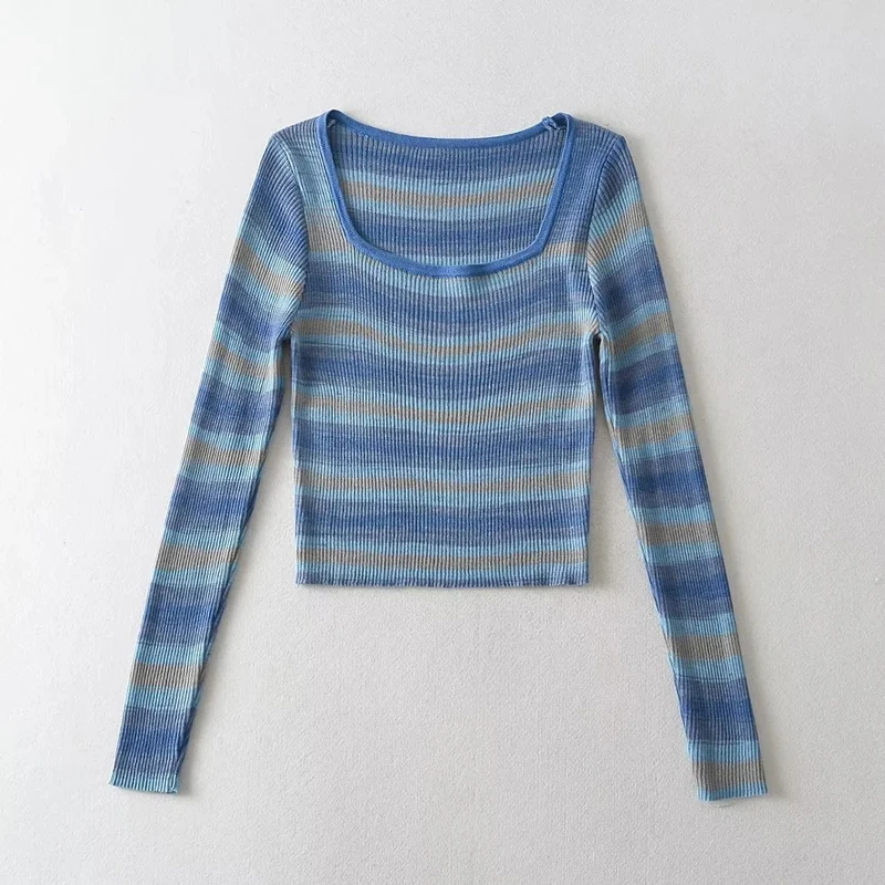 Women Viscose Square Neck Crop Knitted Top In Multi Stripe