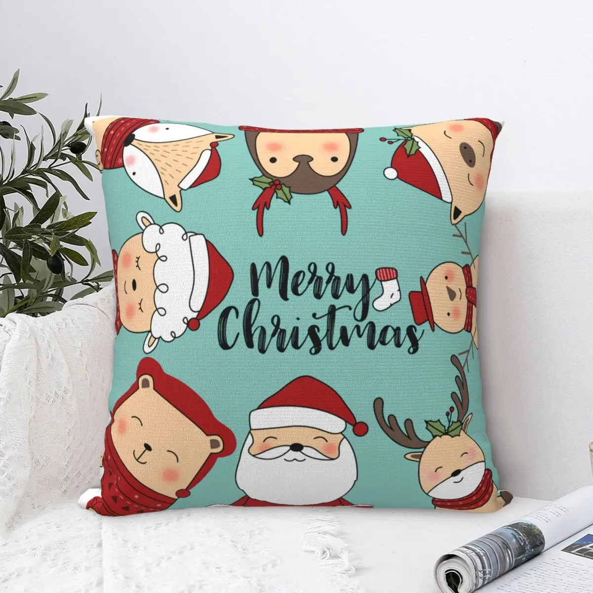 

Happy Polyester Cushion Cover Merry Christmas Day New Year Santa Claus Elk Snowflake Bedroom Office Cojines Throw Pillowcase