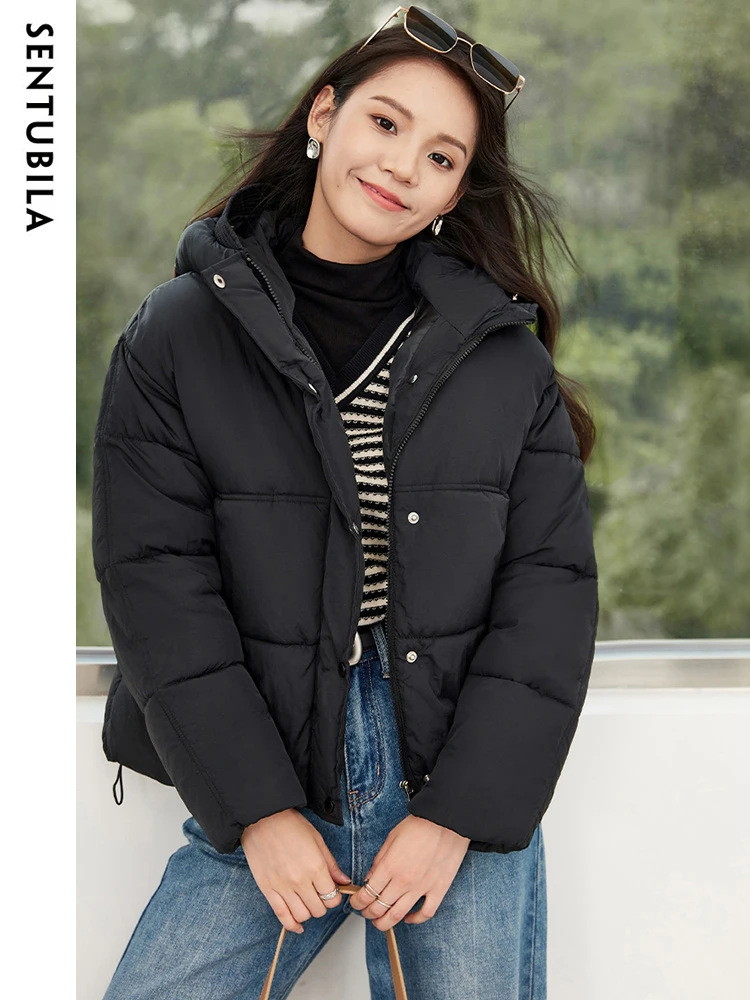

Sentubila Black Hoodies Parkas Jackets Women Winter Fashion Zipper Short Cotton Coat Warm Thick Outwear Office Lady W34M50216
