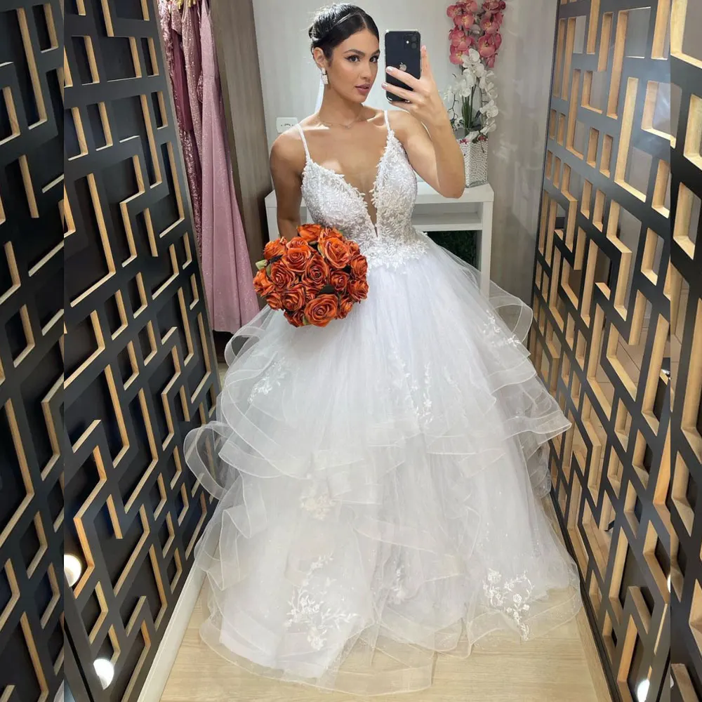 

Romantic V Neck A Line Wedding Dress 2023 Ruffle Backless Spaghetti Lace Applique Long Bridal Gown Formal Bride Woman Wear Gala