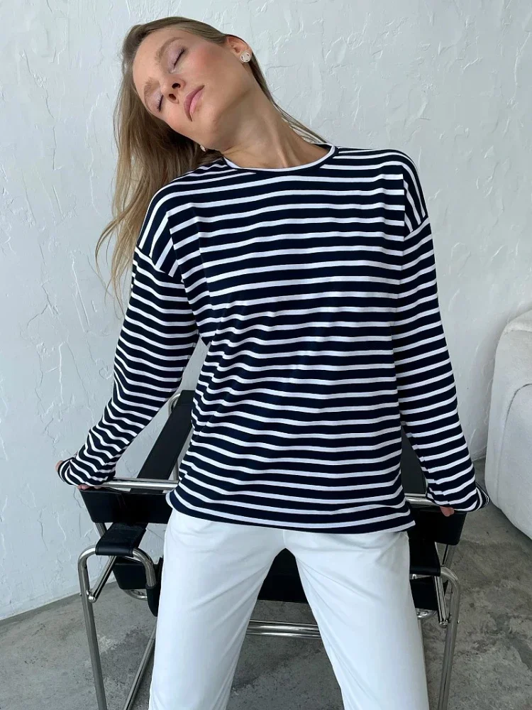 Wolfeel Summer Striped Long Sleeve Casual Cotton Tee