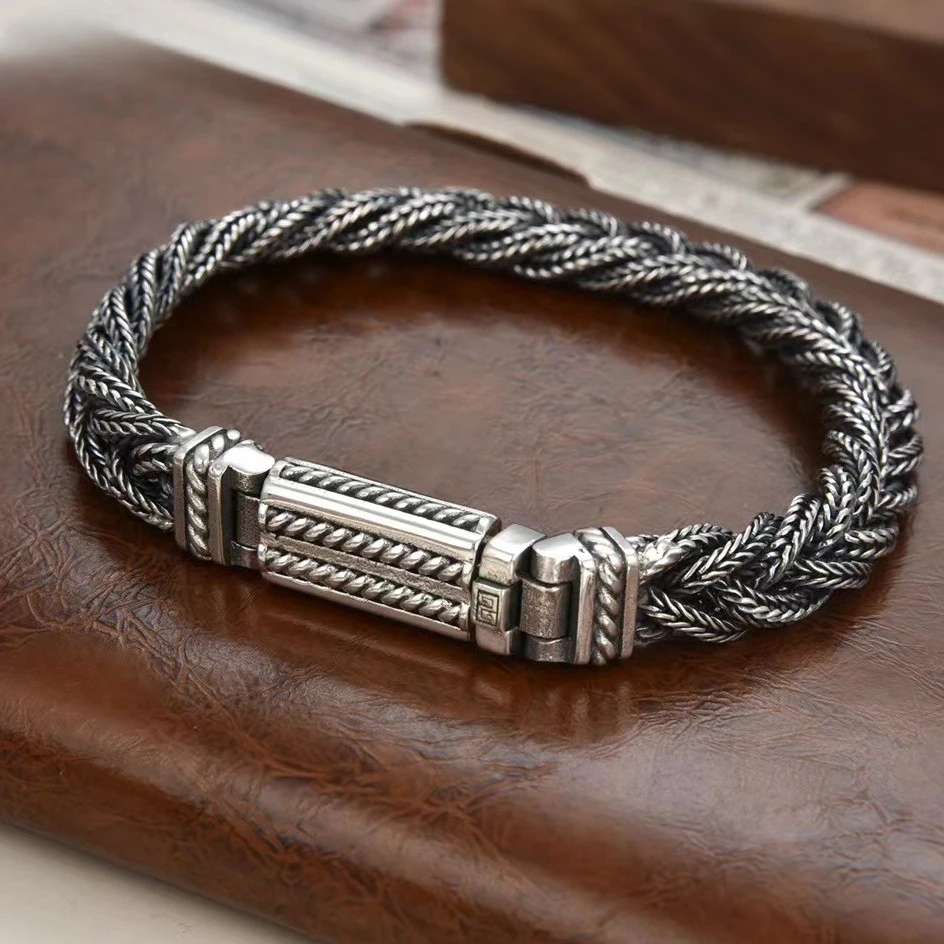 

Real S925 Silver Jewelry Retro Heavy Industry Pure Handmade Woven Twist Bracelet for Men and Women Trendy Gifts