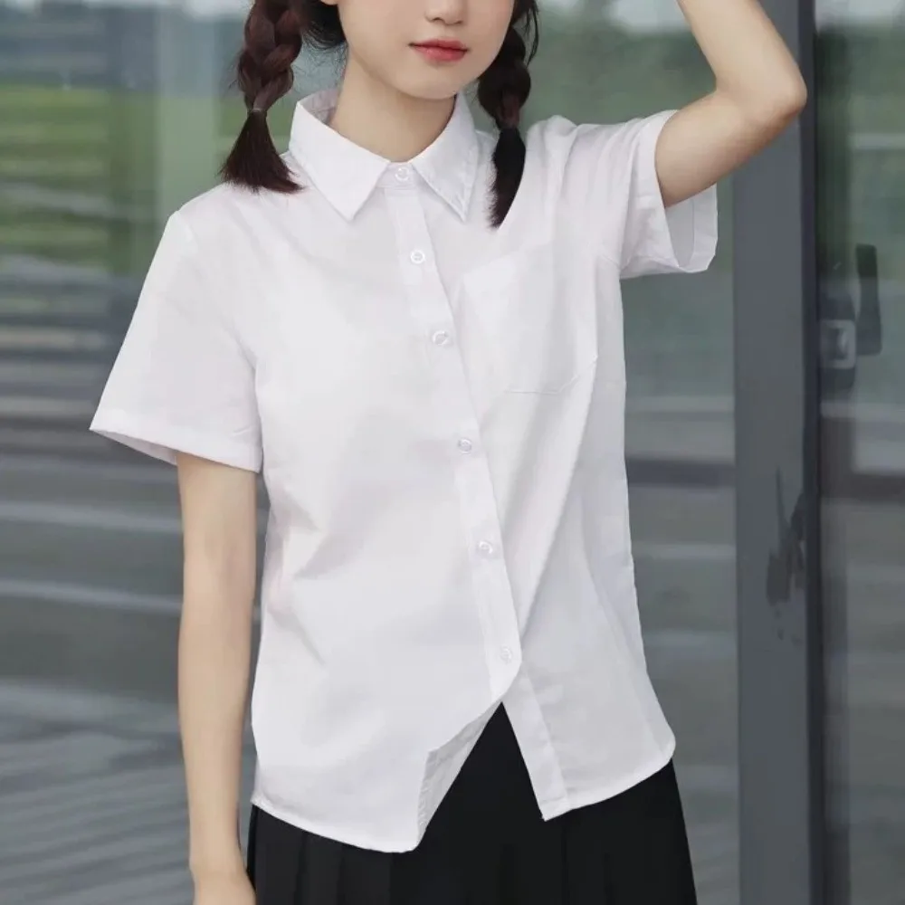 Camisa Blanca Clásica Informal, Camisa Básica de Corte Holgado, Estilo Preppy, Blusa de Manga Corta, Temporada de Gradua