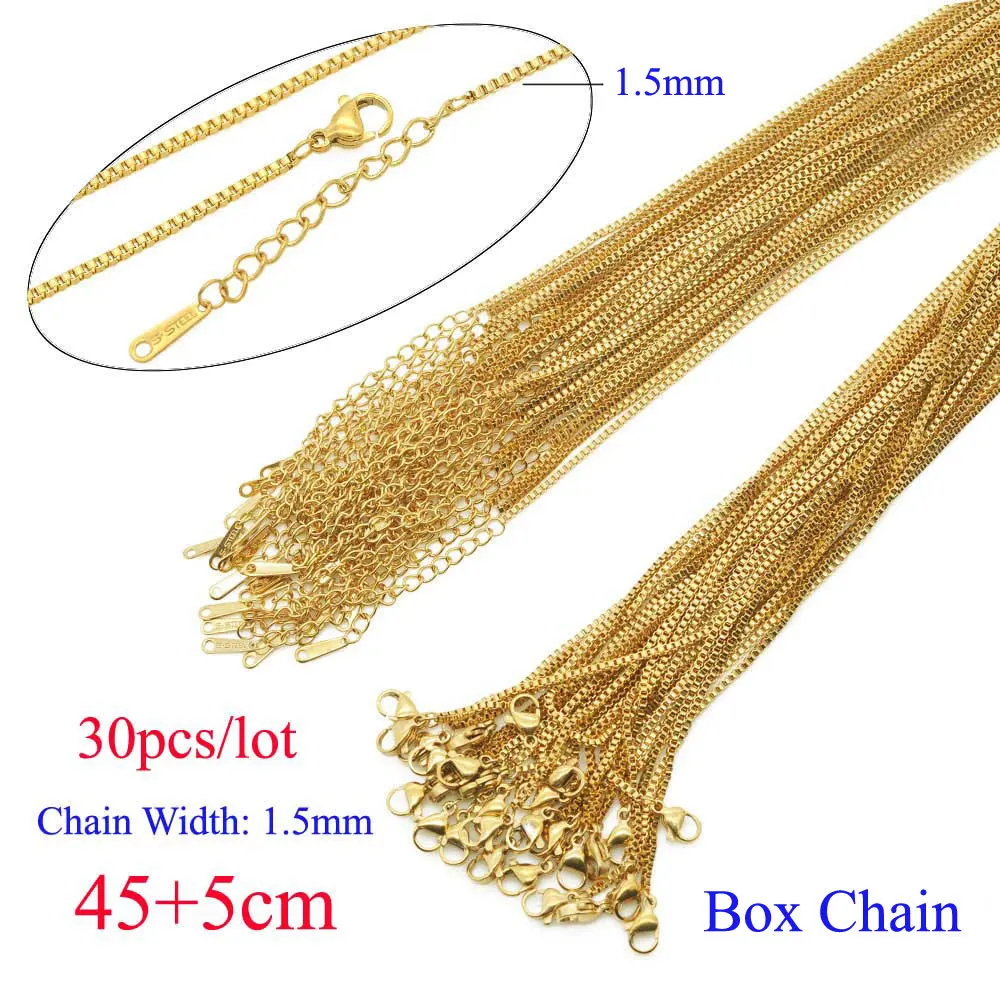 30pcs/lot Bulk Wholesale 304 Stainless Steel Box Chain Necklace for DIY Jewelry Making 45+5cm Box Fiago Snake Curb Chain