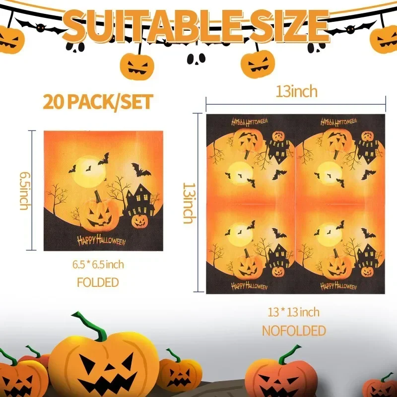 10/20pcs 2-Ply 33cm Halloween Pumpkin Bat Noir Pattern Printed Party Paper Napkins Halloween Elements Decorative Paper Placemats