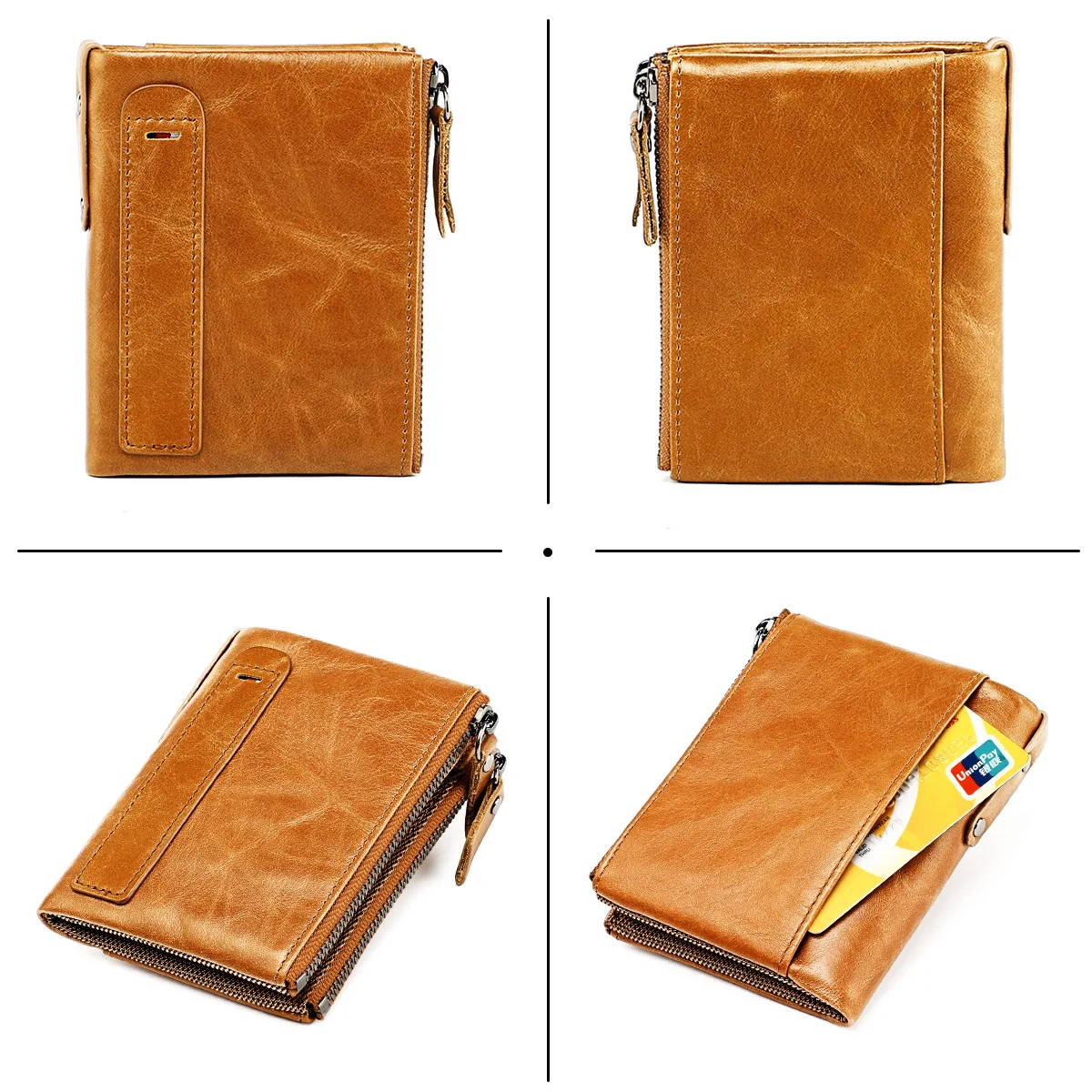 Echtes Leder RFID-Geldbörse für Damen, kurzer Stil, Namensgravur, Kartenhalter, Retro-Männer-Geldbörse, Doppelreißverschluss, Unisex-Geldbörse – Detail 18