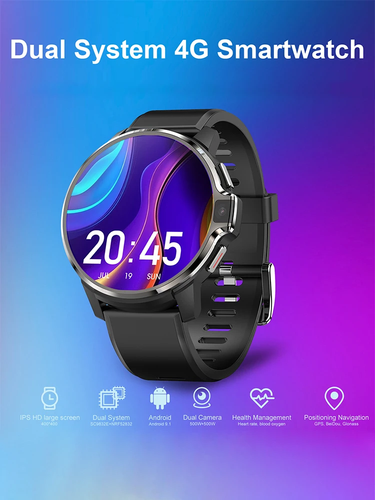 Rainbuvvvy 듀얼 시스템 스마트 워치, DM30, 4G LTE, 4GB RAM, 64GB ROM, 1.6 인치 IPS 스크린, 5MP 카메라, GPS, 와이파이, 얼굴 인식, 남자 시계