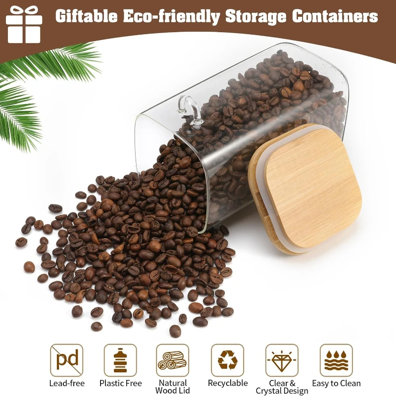 Glass Square Storage Jar with Bamboo Lids Spoon Glass Coffee Canister Food Container for Beans Pasta Candy Spice Rice Loose Tea 2