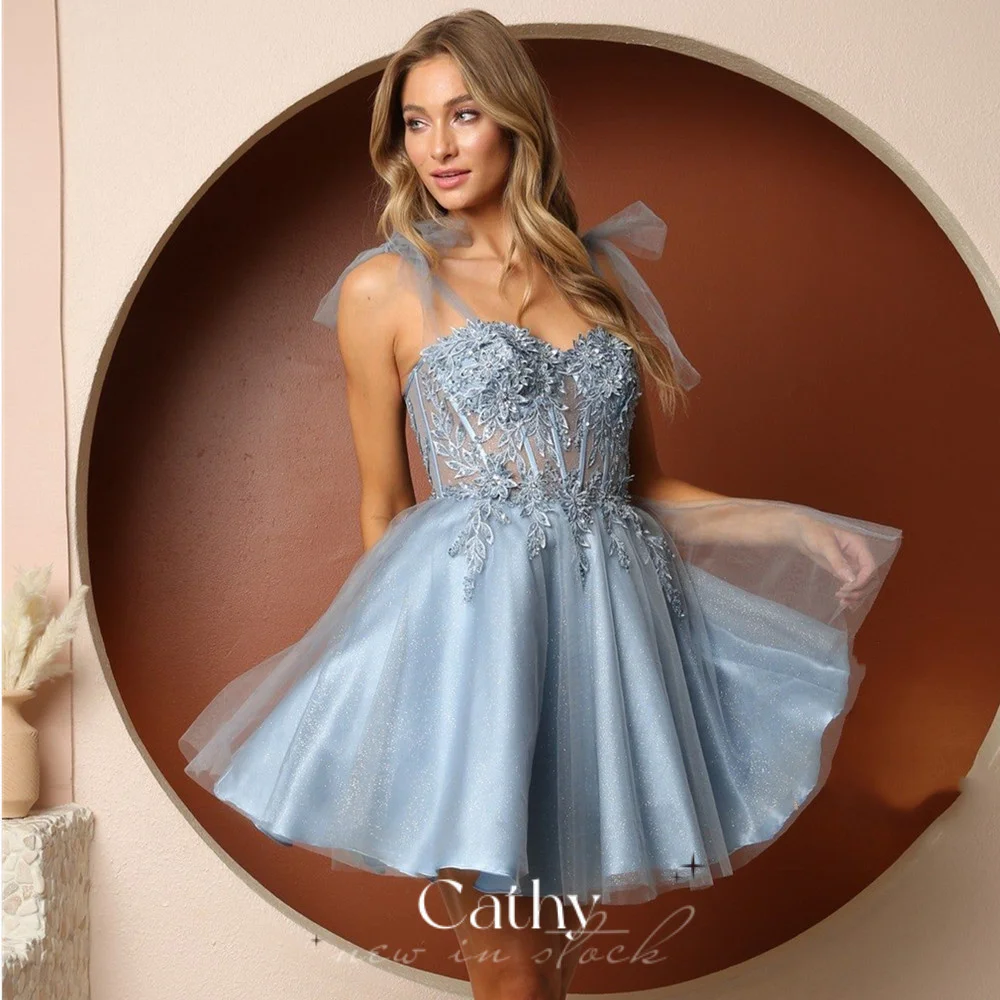 

Cathy Sweet Short Prom Dress 2023 Princess Lace Embroid Evening Dress Cute Spaghetti Strap فستان سهرة Shiny Mini Party Dresses