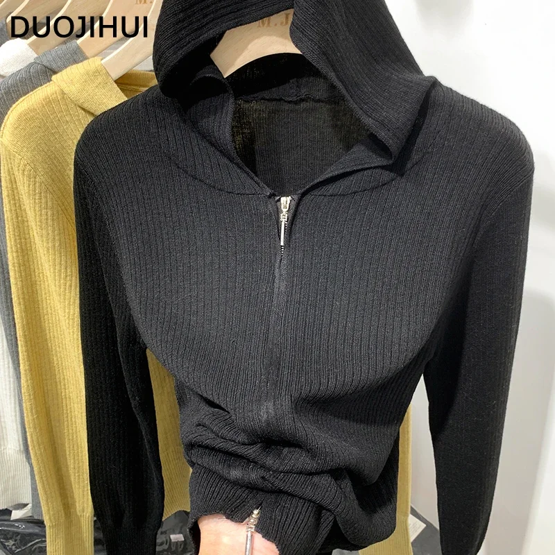 DUOJIHUI 여성용 루즈 슬림 스타일 캐주얼 가디건, 시크한 후드 니트, 심플한 단색 패션 지퍼, 가을 신상